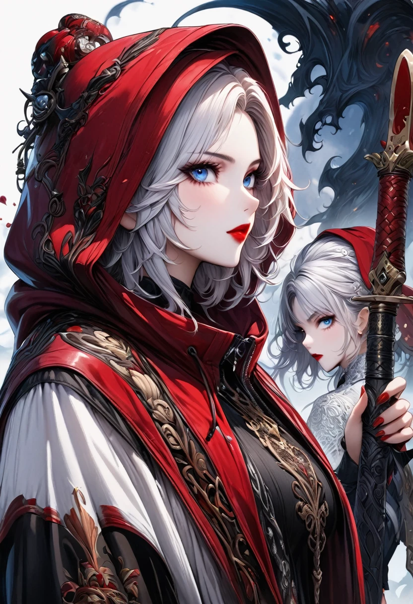 Ashhad style,Extremely detailed,high resolution,Intricate details,(best quality:1.2),(masterpiece:1.2),Extremely detailed CG unity 8k wallpaper,illustration,The original, Delicate face, 1 Girl,White short hair, blue eyes, Mature:1.2, Long red and black fabric hoodie , Black leggings, Red Hood:1.2, Red lips, Red makeup, White running shoes, White background