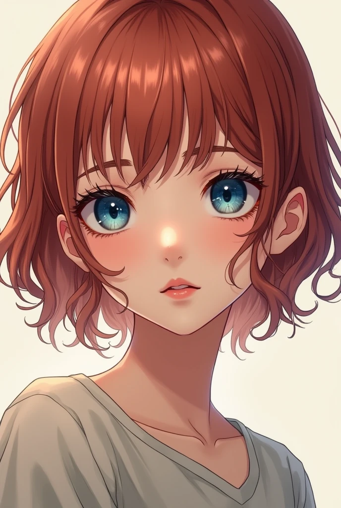 Create the image of a manga character. A girl with slightly wavy reddish hair with a "fringe" (It's not a fringe but aha) deep blue eyes, doll face. Only the facial part