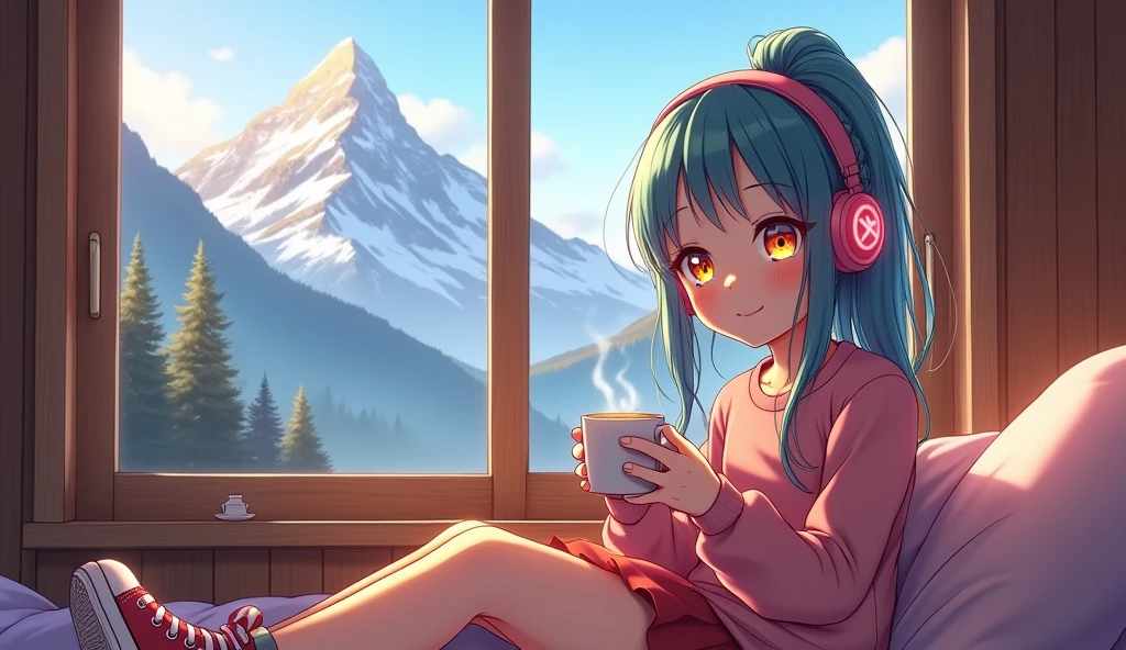 A young girl with tied-up colorful hair and rainbow-like eyes, listening to calm music on headphones, with a sexy smile, holding a cup of coffee, wearing allstar, in a chalet at the base of a mountain. An image that inspires calm, tranquility, lightness, simplicity, and comfort, 16:9, full hd