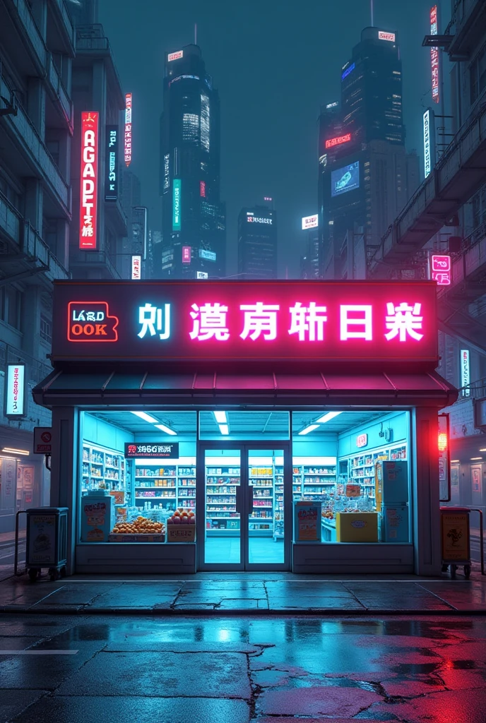 empty cyberpunk convenience store front view
