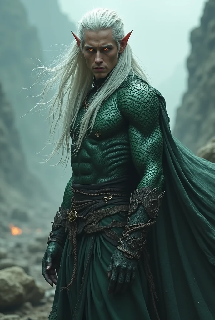 of an elven man with long white hair, dragon scale skin with souls in the eyes, with torn clothes, type rags, that strike fear into their opponents:  