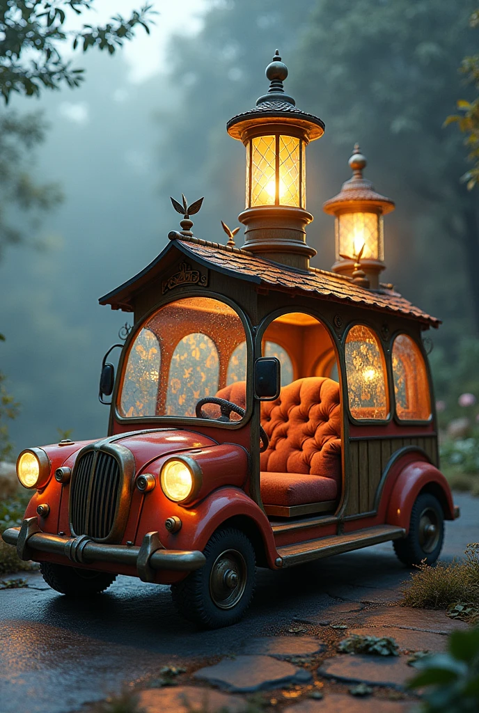 Car with ship's rudder, sofa seats, solar lamps in lighthouses, tiles on the roof, stained glass windows