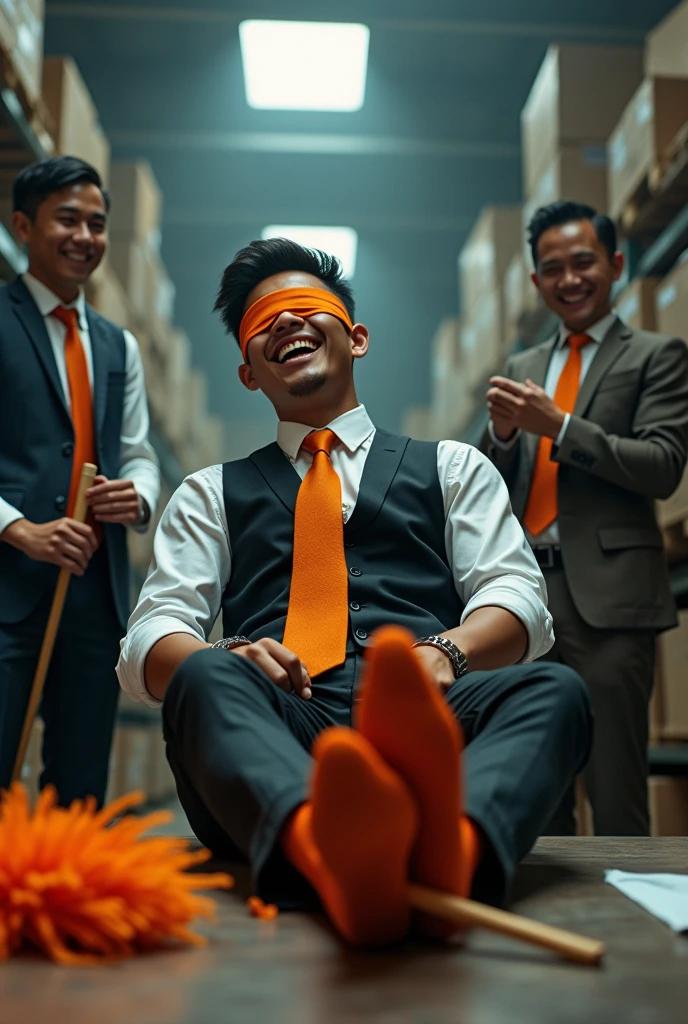 Malaysia malay handsome 20 years student
He laugh very hard
His hand tied up in warehouse
Blindfolded
Hand handcuff
Black vest orange tie
Focus feet on desk
feather duster on desk
Take off shoes on desk
Orange stinky sock
2 man holding feather duster
