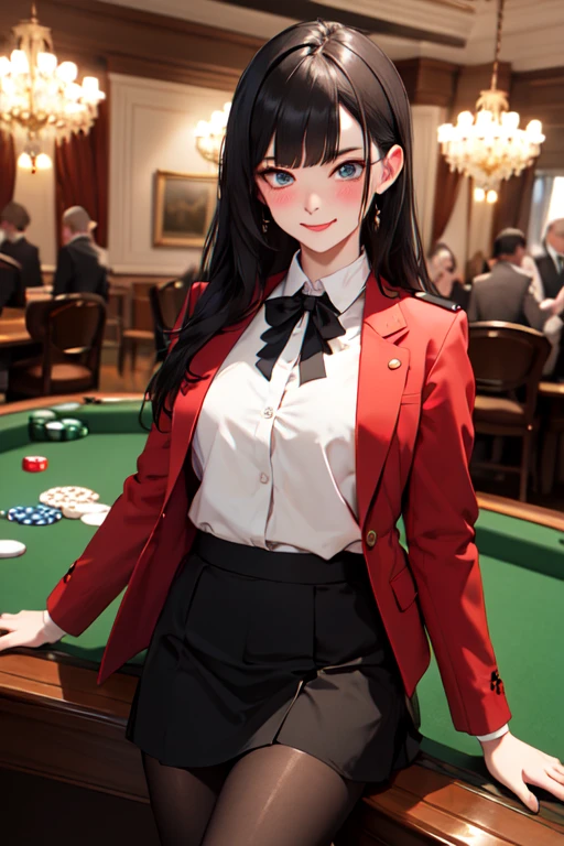 (lots_far away_flegs:0.75),work of art,best qualityer,high resolution,hmjy1,far away hair,Blunt bangs,Eyes red,schoolar uniform,red jacket,blazer,pantyhose,white shirt,black ribbon,pleatedskirt,cowboy shot,Inside the house,de casino,glare eyes,poker table,Evil smile,gaping mouth,blush,