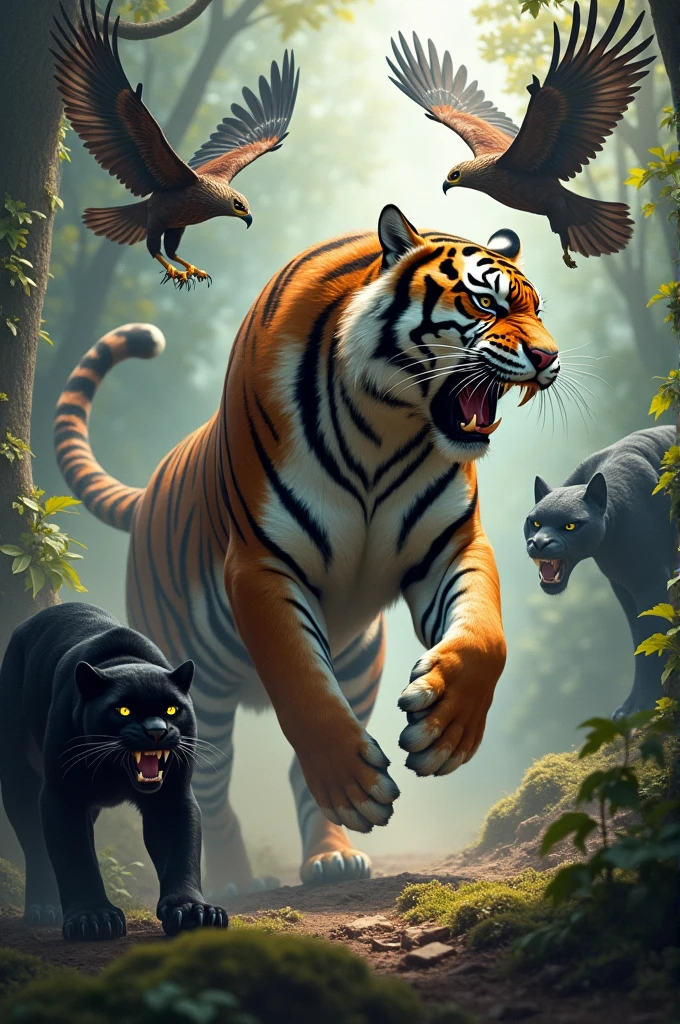 Tiger defeating a hawk and a panther