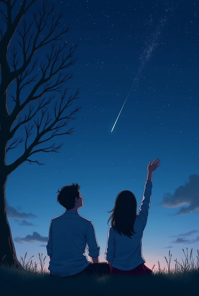 two person men and women sit on the grass while watching the beauty of the sky that has a lot of stars on it. the place has a leafless tree behind them and then suddenly a shooting star appears from east to west direction and the women pointed the shooting star