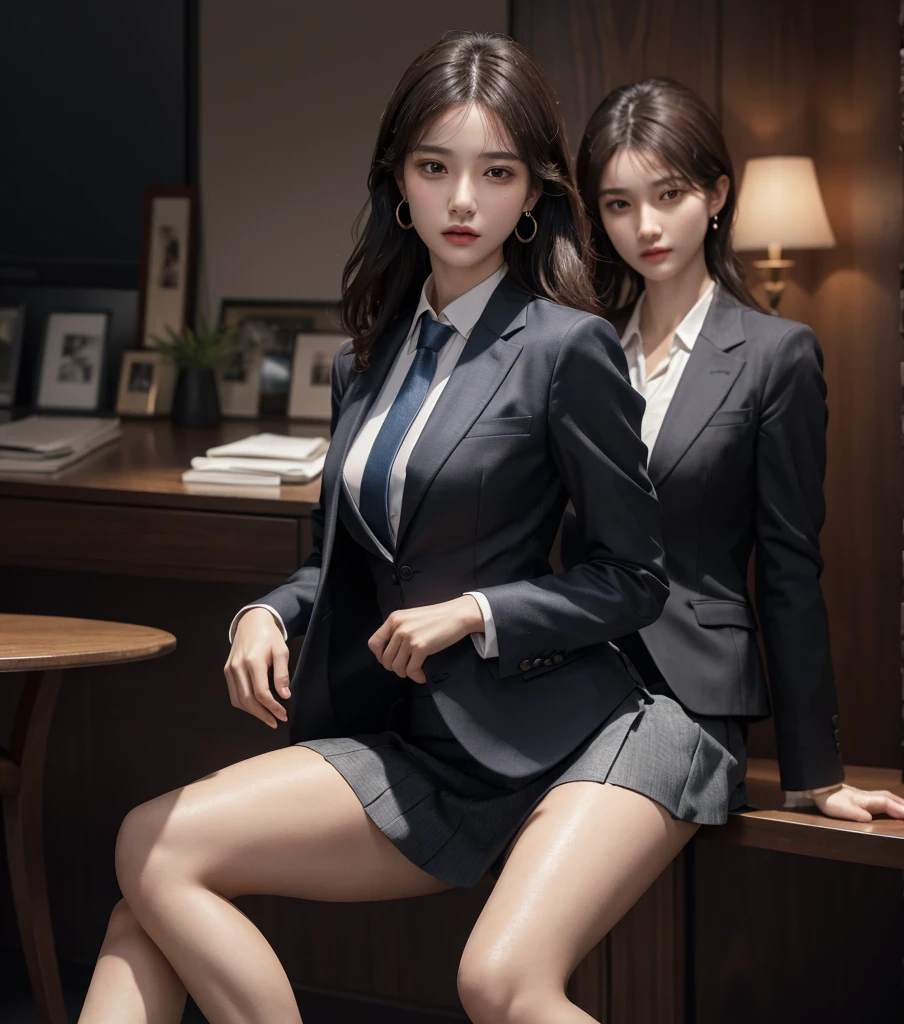 absurdres, RAW photo, extremely delicate and beautiful, masterpiece, Highest Quality, ultra high resolution, 32k, hyperrealistic, realistic, photorealistic, photo-realistic, Real, ultra-detailed, Very detailed CG 8k wallpaper, detailed background, landscape, Beautiful Lighting, Perfect Lightning, Realistic Shadows, perfect anatomy, anatomically correct, ideal ratio body proportions, perfect figure, Perfect Style, Perfect balance, super Detailed skin, 20 years old, very Slim body, narrow waist, very small head, very small face, delicate facial features, handsome detailed woman, very detailed eyes and face, realistic face proportions, Realistic beautiful face, Realistic beautiful eyes, tearful mole, earring, full body shot, whole body shot, very huge round tits, medium hair, asymmetrical hair, wavy hair, leg, thigh, knee, wet clothes, business suit, jacket blazer, short skirt, blouse, office, tie,