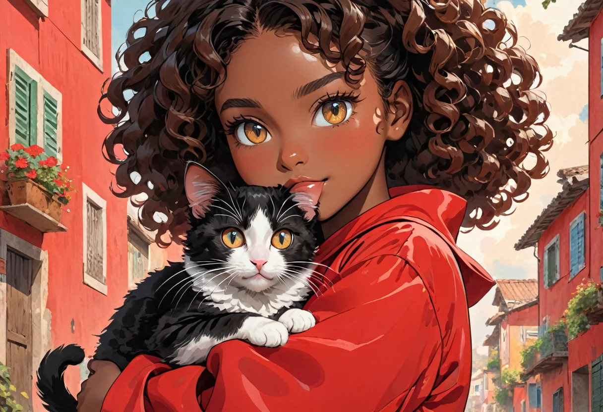 A young black-skinned woman with curly hair with eyes in a red outfit holding a cat in her arms