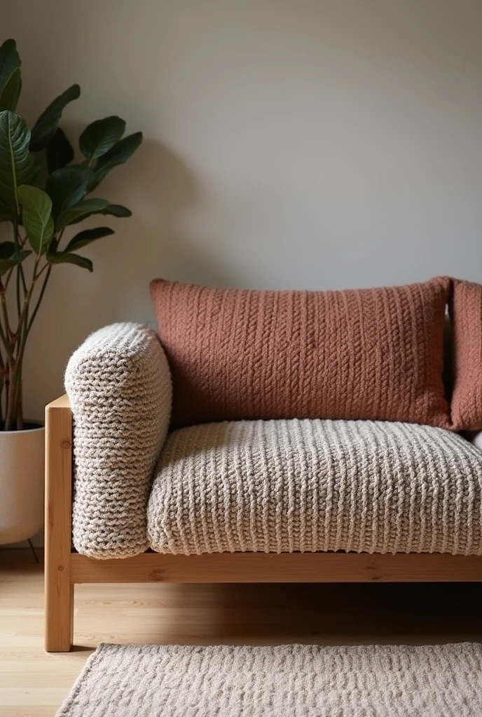 Create a comfortable sofa, with wood and upholstery made of knitting or crochet that resembles a grandmother's sofa a sofa that is also very modern Enlarge this image Leave the upholstery with a knitted or crocheted appearance and from the front