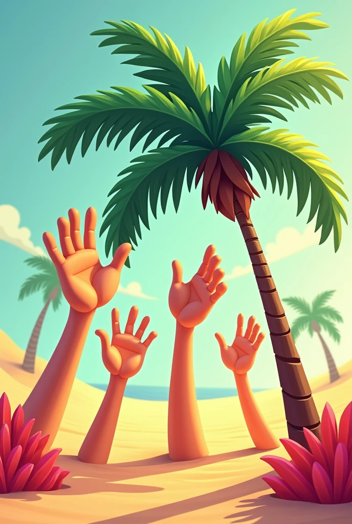 Palm tree in foreground with gloves waving 2D style