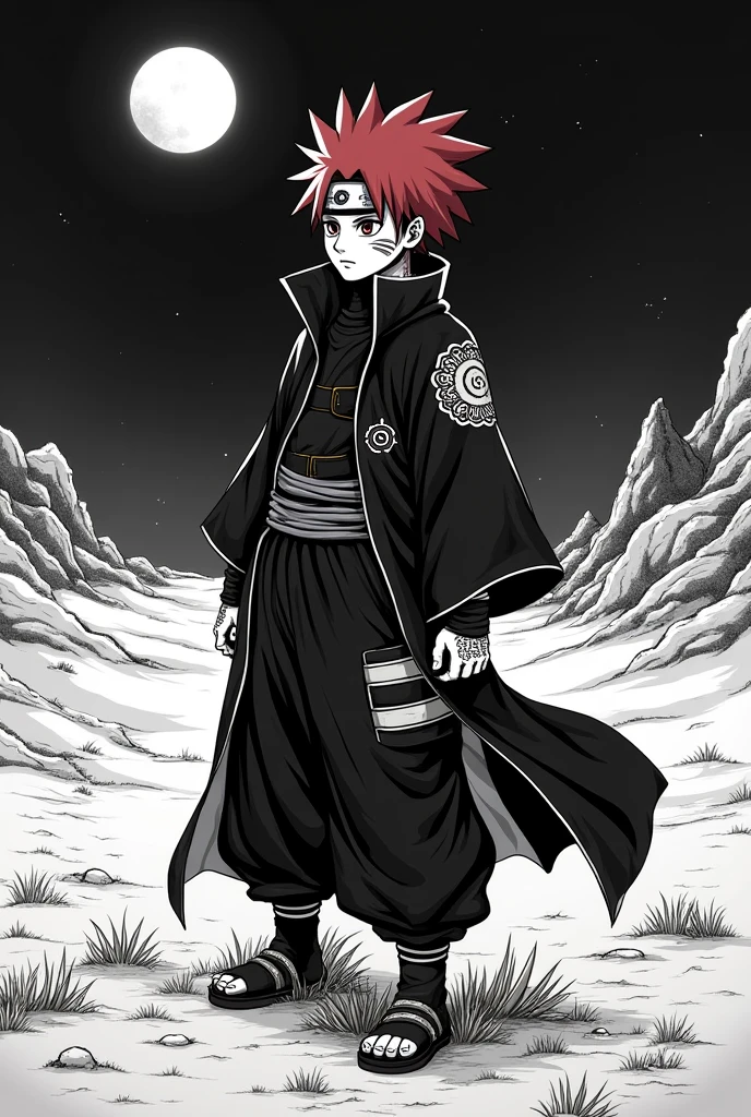 gaara of the sand audeia as kazekage, in the desert at night, create me a black and white tattoo to use