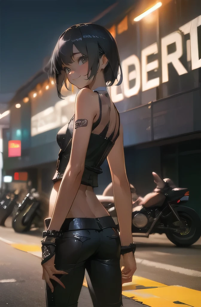 (cowboy shot),(Perfect Anatomy,top-quality、back style,The ultra -The high-definition、hight resolution、extremely details CG、8K Unit Wallpapers),20-year-old、solo,Beautiful detailed eyes,black hair,shor bob hair,blunt bang,(small breasts,slender body,skinny),gleaming skin,oily skin,(punk fashion、leather jacket、Tank top、military pants、combat boots),(drive a motorcycle,Harley-Davidson,),on road,Tokyo,at night、