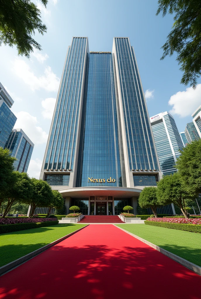 A luxurious, presidential standard company headquarters with the name NEXUS(CLO) on it and red carpet on entrance with Singaporean architecture,grass, flowers and on it's own space and compound where is the name NEXUS (CLO)