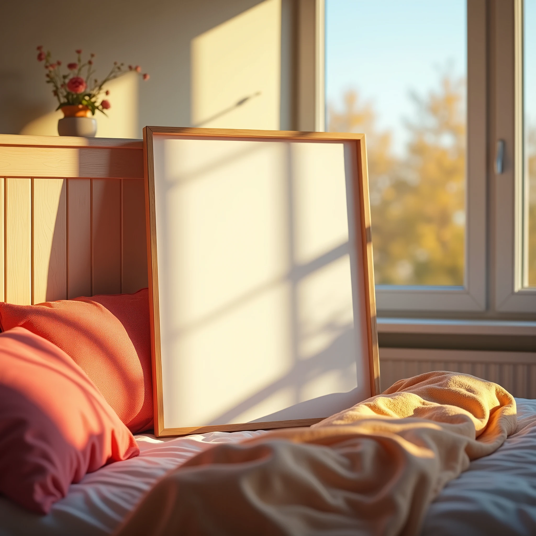 A hyper-realistic HDR bedroom scene with a serene yet vibrant atmosphere. The focus is on a vertical A4 frame with a blank white canvas, placed on a nightstand beside a cozy, well-lit bed. The bed is dressed in bright, colorful linens that complement the cheerful tones of the room. Morning light pours through the windows, filling the space with warmth and casting gentle shadows on the blank canvas. The overall feeling is one of comfort and creativity, inviting personal touches in this bright and peaceful bedroom.