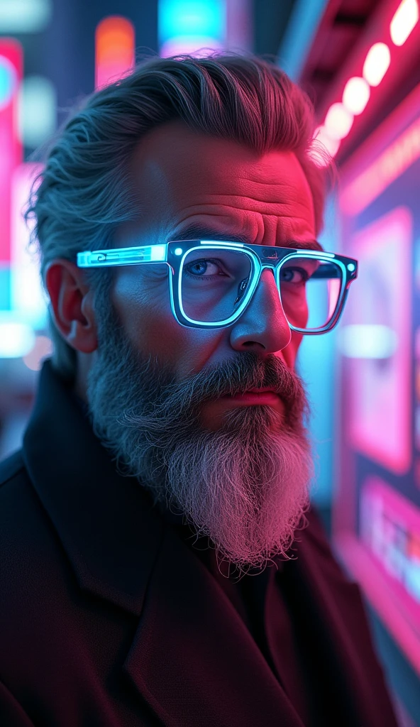 A mature man with futuristic glasses with light in the glaasses, beard brown and gray, chestnut hair with gray. hairdeep beautiful detailed eyes, beautiful detailed, extremely detailed face, long eyelashes, elegant hairstyle, cyberpunk, neon city background, glowing holographic interface, cinematic lighting, vibrant colors, 8k, high quality, photorealistic a futuristic screen with facebook profile in the background