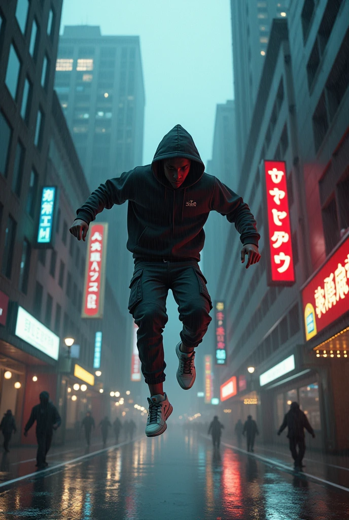 Man in hoodie rapper clothes falling from the sky in coats to the ground in a rainy city