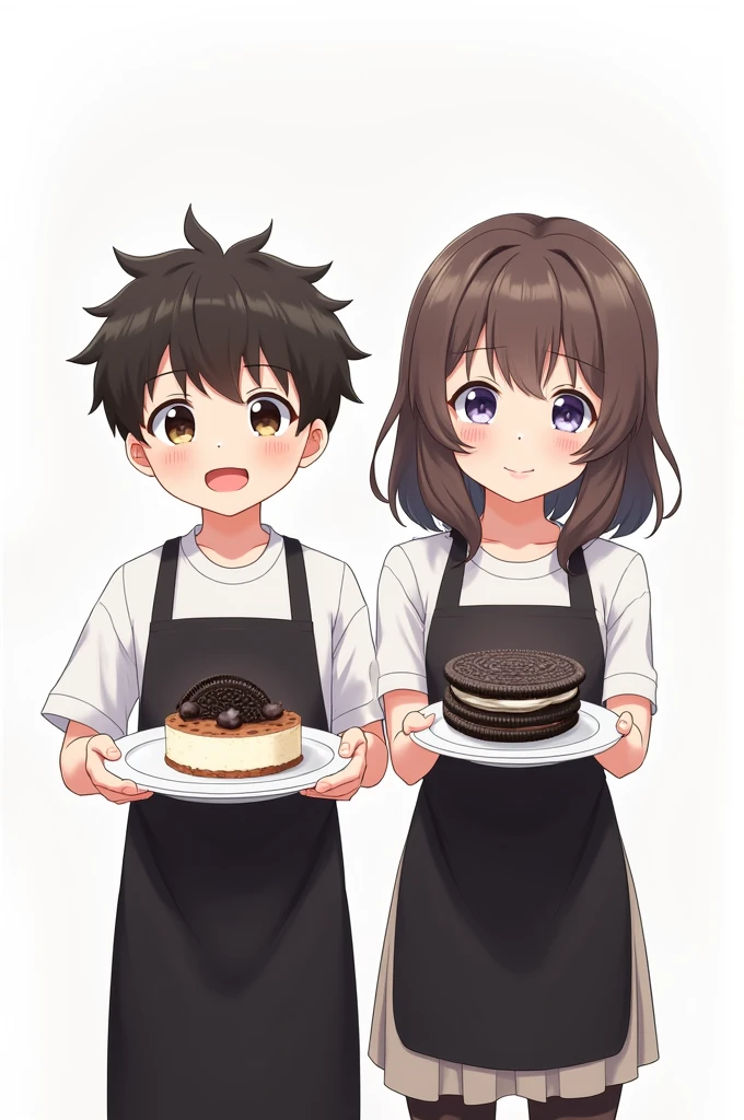 Boy in black apron holding a plate with OREO CREAM, Girl in black apron holding plate with OREO SANDWICH anime White background 