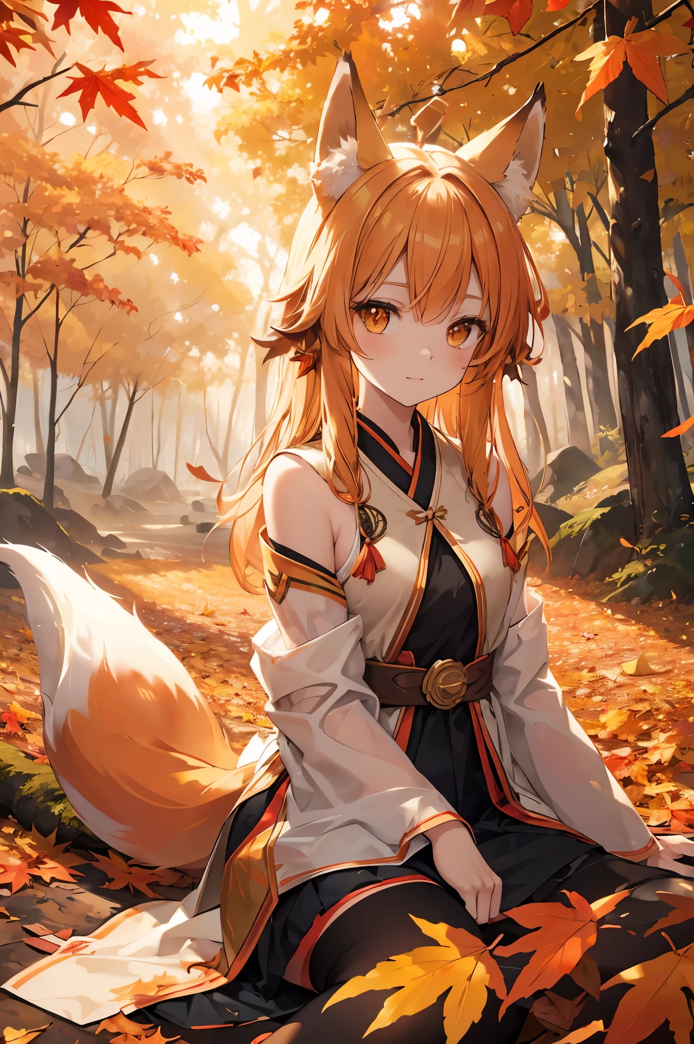autumn leaves, Fox Girl, Detailed fox ears and tail, Vibrant colors, Realistic atmosphere, Breeze, wood々Sunlight shining through the gaps, Golden Leaf, Playful expressions, Quiet environment, Soft lighting, Fantasy Style, Fallen leaves, Warm earth tone, Forest Background