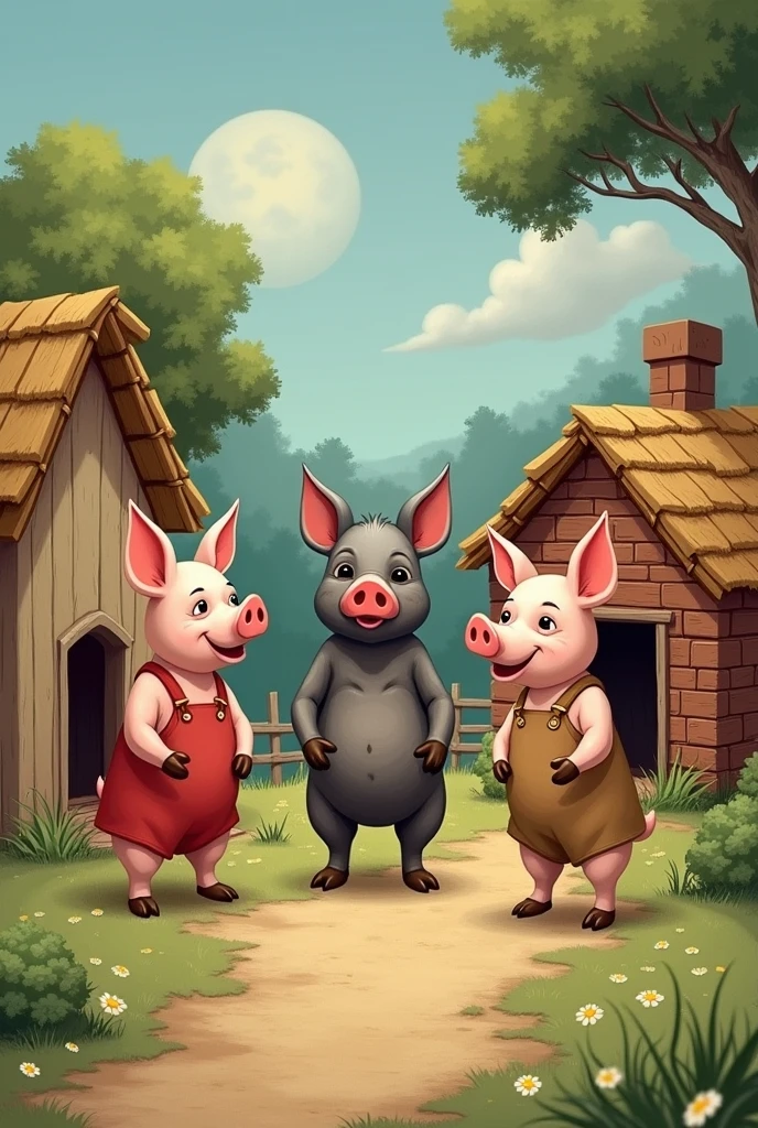 Once upon a time there were three little pigs who decided it was time to leave their mother's house and build their own homes.. Each one had a different personality, which ended up influencing the choice of materials for their homes.
The first little pig, who was a bit lazy and wanted to finish building so he could play, decided to make his house out of straw. He thought it would be quick and easy, and soon it was over.
The second little pig, who was a little smarter, but still wanted to have time to have fun, decided to build his wooden house. He thought that wood would be stronger than straw., mas ainda assim, it wouldn't take so long to build.
The third little pig, who was the most prudent and worked hard, chose to build his house out of bricks. He knew it would take longer to finish, but I believed that the house would be much stronger and safer.
After some time, a big bad wolf appeared, hungry and ready to devour the little pigs. He went first to the thatched house. He knocked on the door and said:
— **Open the door, otherwise I will blow and your house will fly away!**
The little pig, scared, did not open, and the wolf blew hard. The straw house flew into the air, and the little pig ran to his brother's house which he had built out of wood.
The wolf então foi até a casa de madeira e disse a mesma coisa:
— **Open the door, otherwise I will blow and your house will fly away!**
once again, the little pigs didn't open, and the wolf blew hard. The wooden house fell down, and the two little pigs ran to their brother's house which he had built out of bricks.
The wolf, determined to capture the three little pigs, went to the brick house and repeated the threat:
— **Open the door, otherwise I will blow and your house will fly away!**
bet, no matter how much it blew, the brick house did not move. The wolf soprou até ficar sem fôlego, but he couldn't knock down the house. Frustrated and very tired, he decided to try to enter through the chimney.
But the third little pig was very smart and, before the wolf came down the