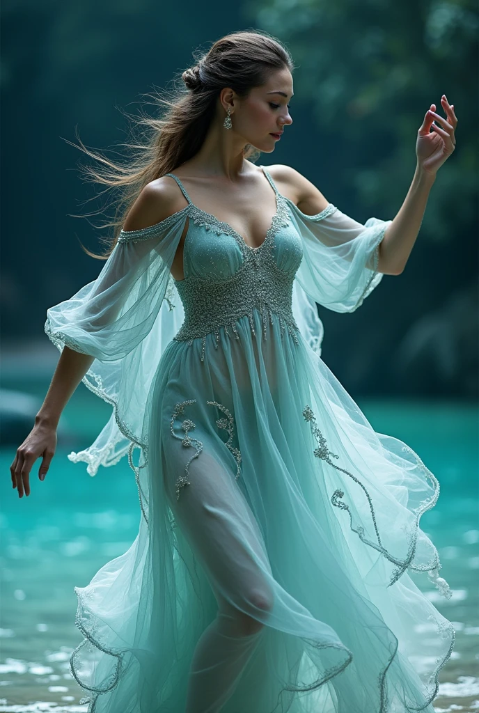 an outfit for a dance that deals with the sea, the fabric looks light with details and the arms have sleeves with bare shoulders