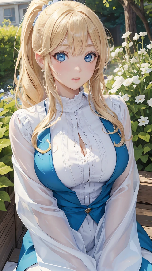 (masterpiece:1.2), (highest quality:1.2),, Curvy but slender body, perfect eyes, perfect face, perfect lighting, 1 girl, in the garden, (blouse),(Lady),(noble),(whole bodyのショット),(ponytail),(I can see my ankles),curly hair, fine clothes, detailed outdoor background, compensate, eye shadow, thick eyelashes, fantasy, looking at the viewer, whole body、blue sky、Bright and very beautiful face、young shiny glossy white shiny skin、the best beauty、the most beautiful bright blonde hair in the world、thin hair、long hair、Shining beautiful bangs、big shining blue eyes、Very beautiful and lovely 1, the most beautiful girl in the world、small breasts