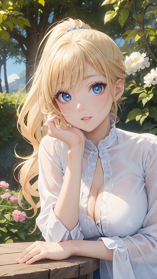 (masterpiece:1.2), (highest quality:1.2),, Curvy but slender body, perfect eyes, perfect face, perfect lighting, 1 girl, in the garden, (blouse),(Lady),(noble),(whole bodyのショット),(ponytail),(I can see my ankles),curly hair, fine clothes, detailed outdoor background, compensate, eye shadow, thick eyelashes, fantasy, looking at the viewer, whole body、blue sky、Bright and very beautiful face、young shiny glossy white shiny skin、the best beauty、the most beautiful bright blonde hair in the world、thin hair、long hair、Shining beautiful bangs、big shining blue eyes、Very beautiful and lovely 1, the most beautiful girl in the world、small breasts