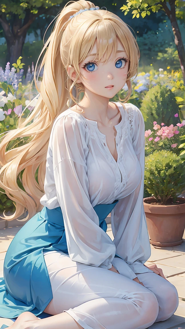 (masterpiece:1.2), (highest quality:1.2),, Curvy but slender body, perfect eyes, perfect face, perfect lighting, 1 girl, in the garden, (blouse),(Lady),(noble),(whole bodyのショット),(ponytail),(I can see my ankles),curly hair, fine clothes, detailed outdoor background, compensate, eye shadow, thick eyelashes, fantasy, looking at the viewer, whole body、blue sky、Bright and very beautiful face、young shiny glossy white shiny skin、the best beauty、the most beautiful bright blonde hair in the world、thin hair、long hair、Shining beautiful bangs、big shining blue eyes、Very beautiful and lovely 1, the most beautiful girl in the world、small breasts