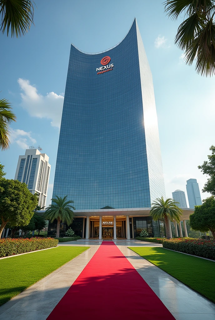 A luxurious, presidential standard company headquarters with the name NEXUS(CLO) on it and red carpet on entrance with Singaporean architecture,grass, flowers and on it's own space and compound where is the name NEXUS (CLO)