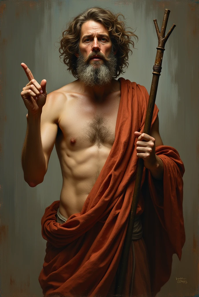 Catholic baroque image of St. John the Baptist, he is a 40-year-old man, skinny man. He has one of his fingers pointing to the sky. He is dressed in a camel skin tunic with his body a little showing, he is holding a staff, his hair is unkempt, he has a big beard. He has a wild appearance but has a serious and quiet look