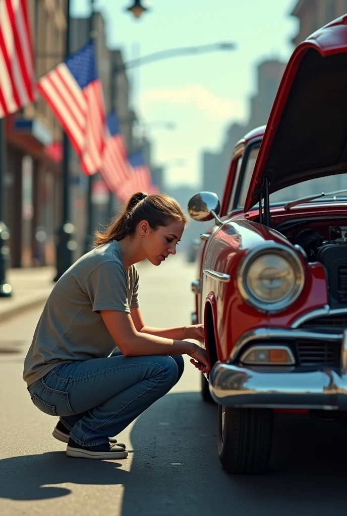 Realistic woman in the middle of a street in the United States with American flags with a mechanical failure in a vehicle checking it