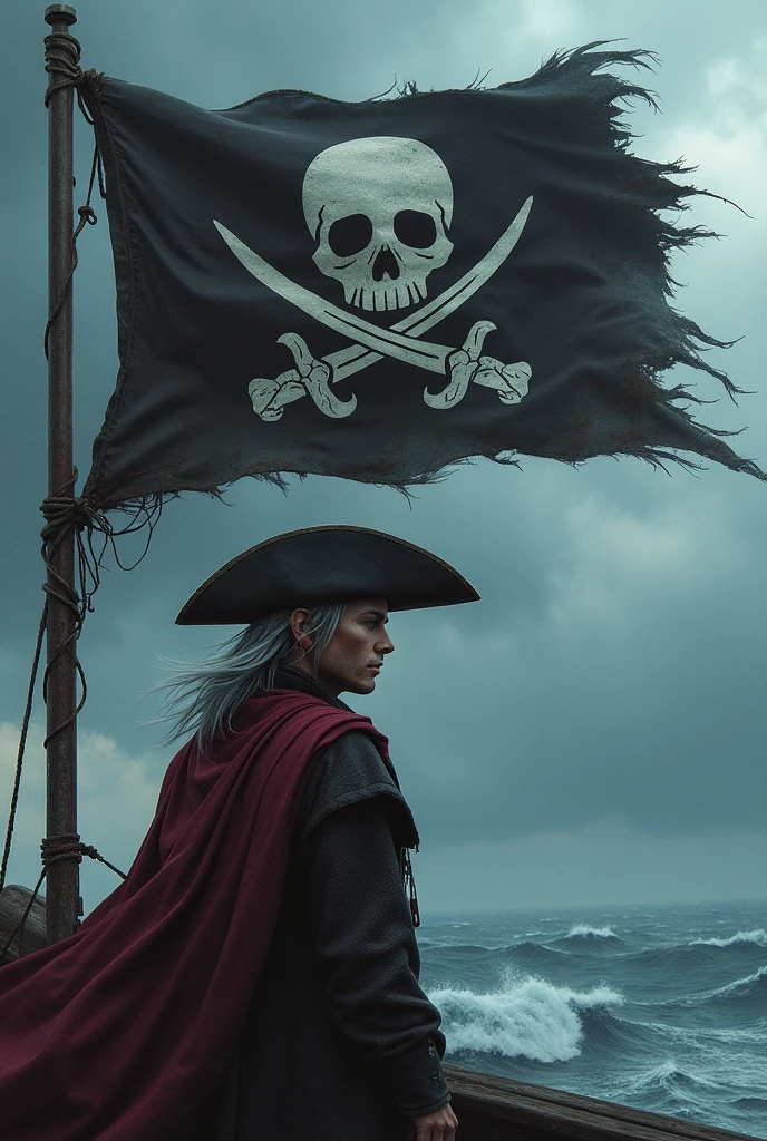 Create a Jolly Roger with Silver Hair Low Fade Hair, with a scar over one eye wearing a pirate hat
