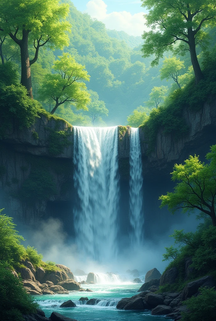A forest with a not very big waterfall with trees around the waterfall. On the side of the waterfall there are not many trees. 
