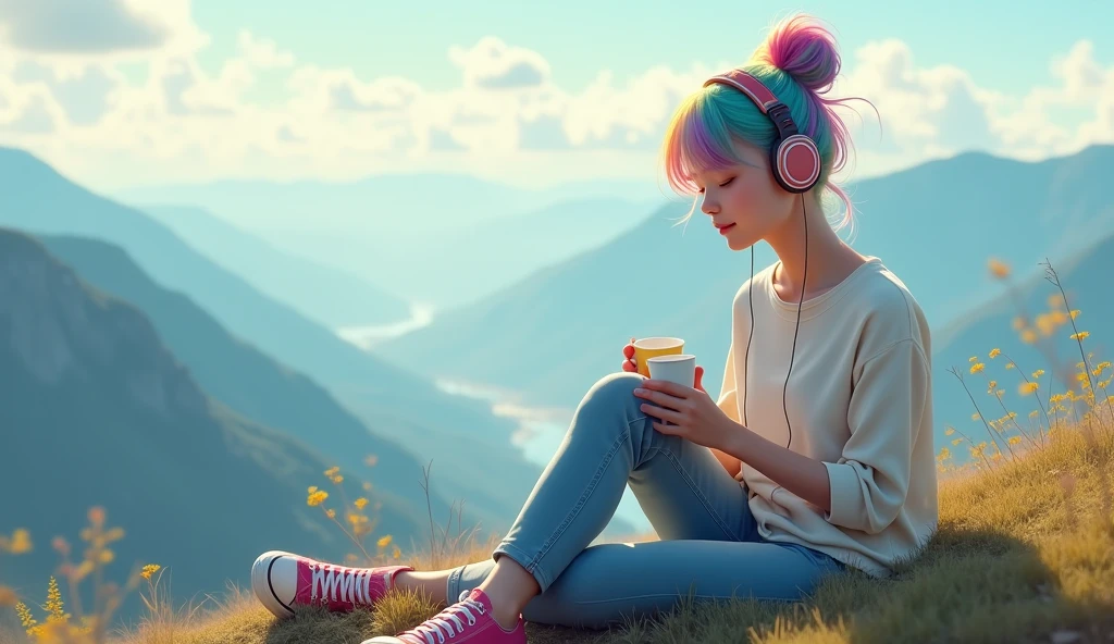 A young girl with tied-up colorful hair and rainbow-like eyes, listening to calm music on headphones, with a sexy smile, holding a cup of coffee, wearing allstar, at the top of a mountain. An image that inspires calm, tranquility, lightness, simplicity, and comfort, 16:9, full hd