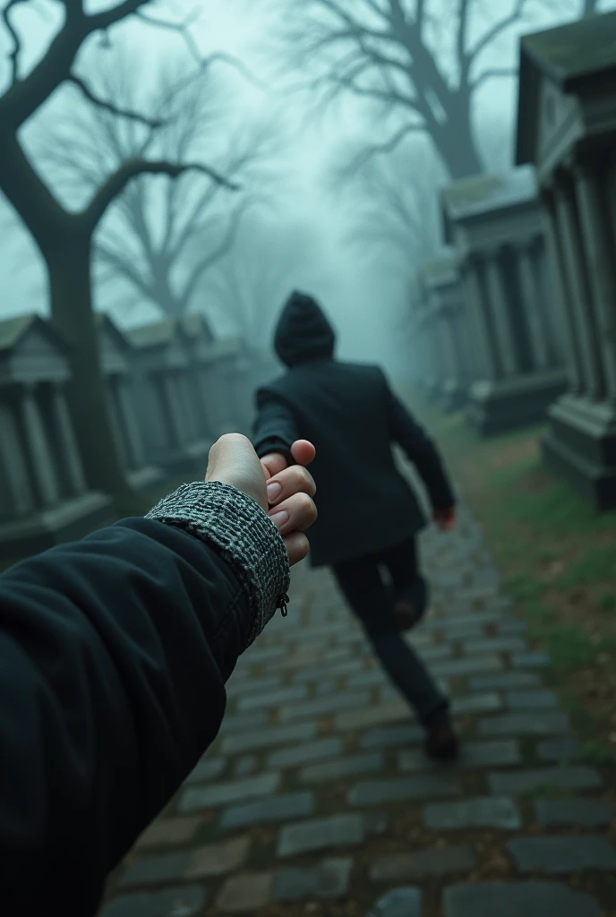 Hand pulling a jacket tied around the waist of someone who is running in a cemetery 