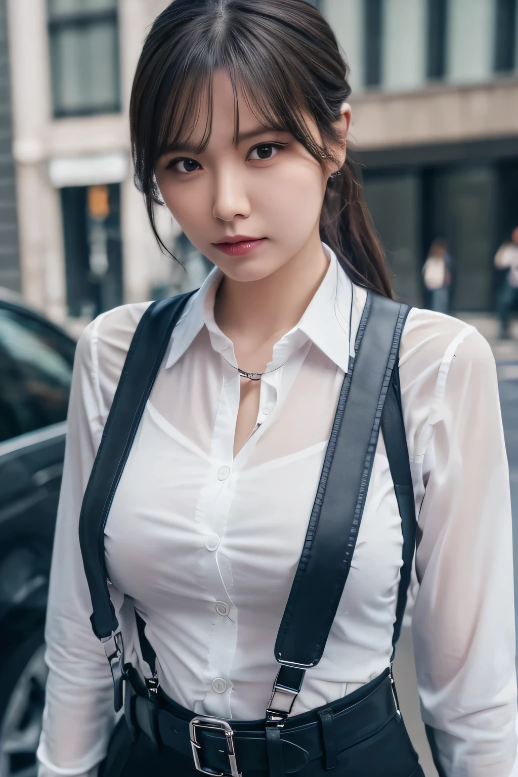 a woman in a suit, belt, hands behind back, sweating, suspenders, black pants, sexly, large breasts, see-through clothing, rain, detective, office worker, white button-up shirt, (best quality,4K,8k,highres,masterpiece:1.2),ultra-detailed,(realistic,photorealistic,photo-realistic:1.37),hyper-detailed,highly detailed face and body, Slender thin suspenders Moderate breasts See-through shirt Nipples holster chain Pistol Armament criminal Female criminal knife