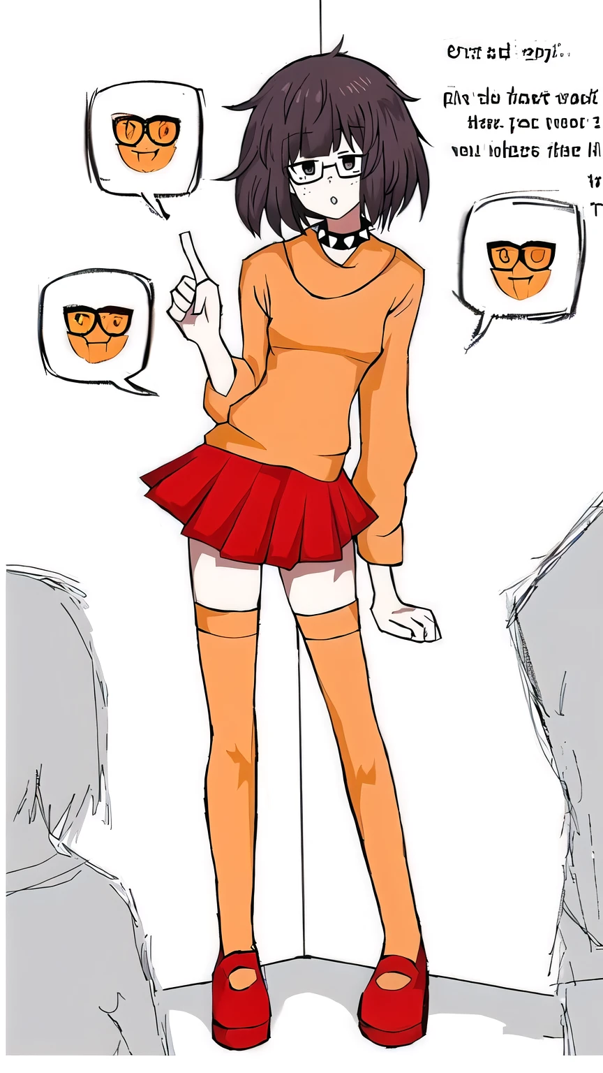 a cartoon drawing of a woman in a short skirt and a orangw sweater, as an anime character, gapmoe yandere, ribbed_thighhighs ecchi anime style, in anime style, in an anime style, velma dinkley , anime girl, full body!!, anime moe artstyle, yandere. tall, anime style only, full_body!!, anime style”