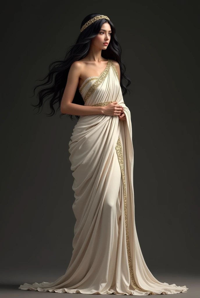 Ancient Greek wedding dress on a black-haired woman, full body view
