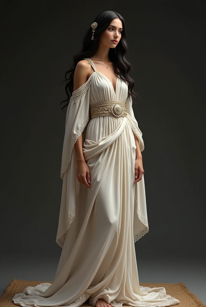 Ancient Greek wedding dress on a black-haired woman, full body view