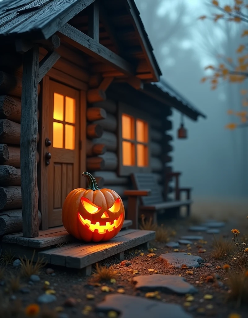 A pumpkin with eyes and mouth lit up, on the doorstep of a wooden cabin it is foggy
