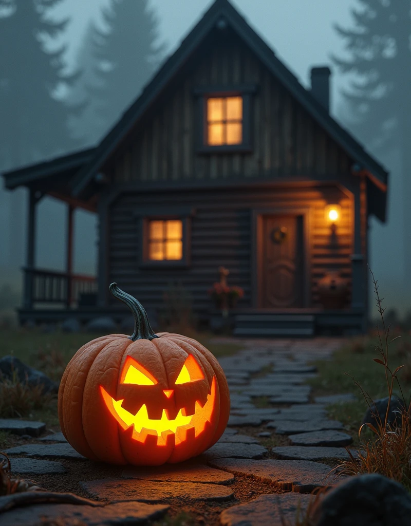 A pumpkin with eyes and mouth lit up, on the doorstep of a wooden cabin it is foggy