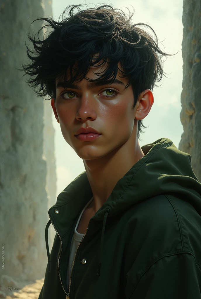 RAISING A BOY, BROAD-CHESSED TEENAGER, GREEN EYES AND JET BLACK HAIR falling over the forehead 
