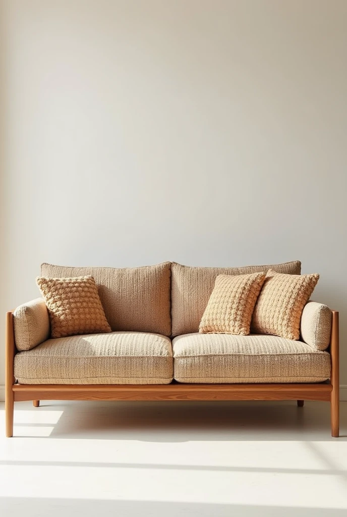 Create a comfortable sofa, with wood and upholstery made of knitting or crochet that resembles a grandmother&#39;s sofa, a sofa that is also very modern. Enlarge this image. Leave the upholstery with a knitted or crocheted appearance and from the front. Leave the meeting of the same color as the seat and show the full photo. 
