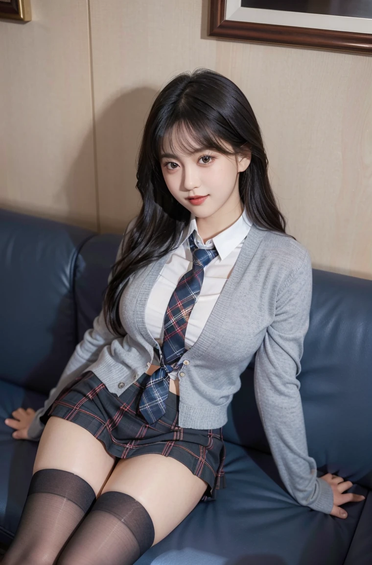 (8k), (Highest quality: 1.2), (Realistic), (Realistic: 1.37), Ultra-high resolution, 1 girl, cute, smile, Mouth closed, Beautiful details, Beautiful Nose, Iris,Beautiful black hair,,Giant Dulcefo, pork, Thighs,Self Snap,University uniform,sitting on a couch in a fast food restaurant,A simple blazer,Grey pleated skirt,(The tie has a tartan check pattern....:1.3), (Face close-up),(光沢のあるThighs),(From above),(Opaque blue knee-high socks:1.2)