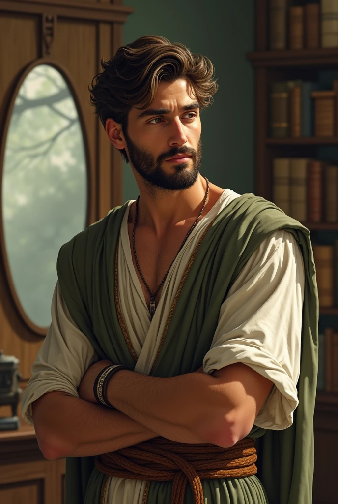 A young, handsome Stoic philosopher with a well-proportioned and attractive physique, sun-kissed skin, very short and well-trimmed beard, and wavy, well-styled hair. He is dressed in classic tunics in soft earthy tones - gray, brown, and olive green - with subtle gold and copper details. The scene shows him thoughtfully examining his surroundings or reflecting in a contemplative environment, such as a study with books and a mirror or a quiet garden. The philosopher is engaged in introspection, highlighting the process of assessing the quality of his relationships. His expression should convey deep thought and evaluation.