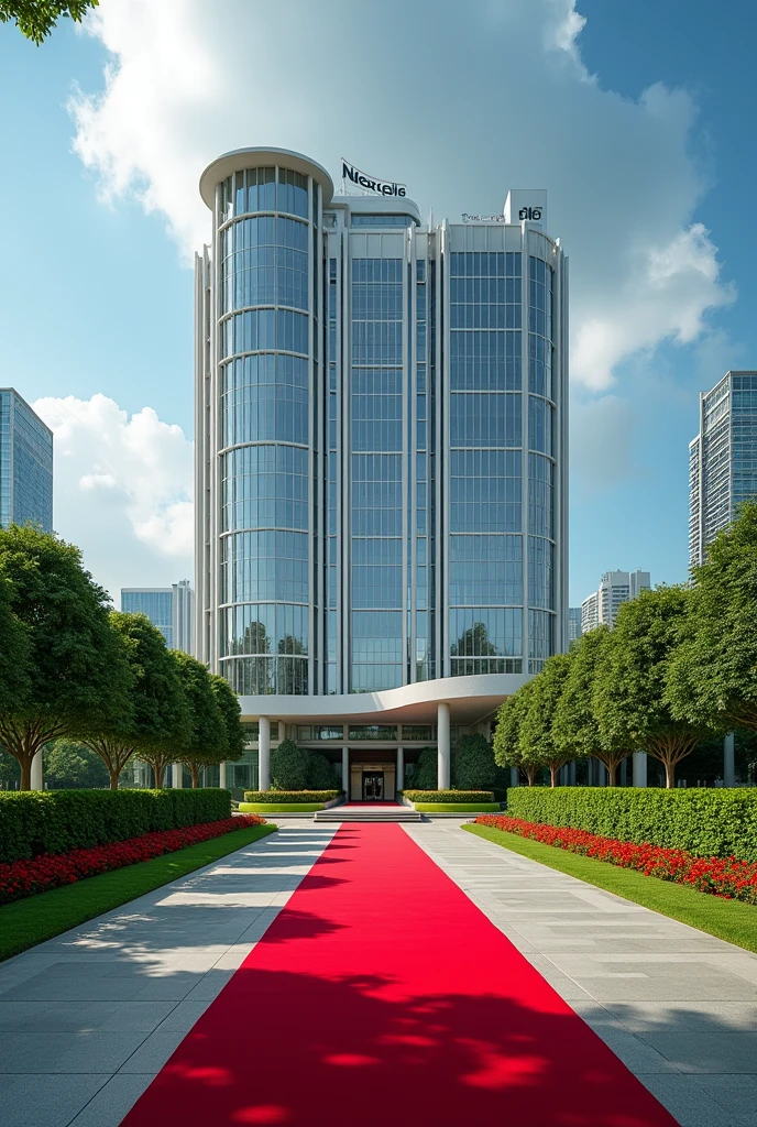 A luxurious, presidential standard company headquarters with the name NEXUS(CLO) on it and red carpet on entrance with Singaporean architecture,grass, flowers and on it's own space and compound where is the name NEXUS (CLO)