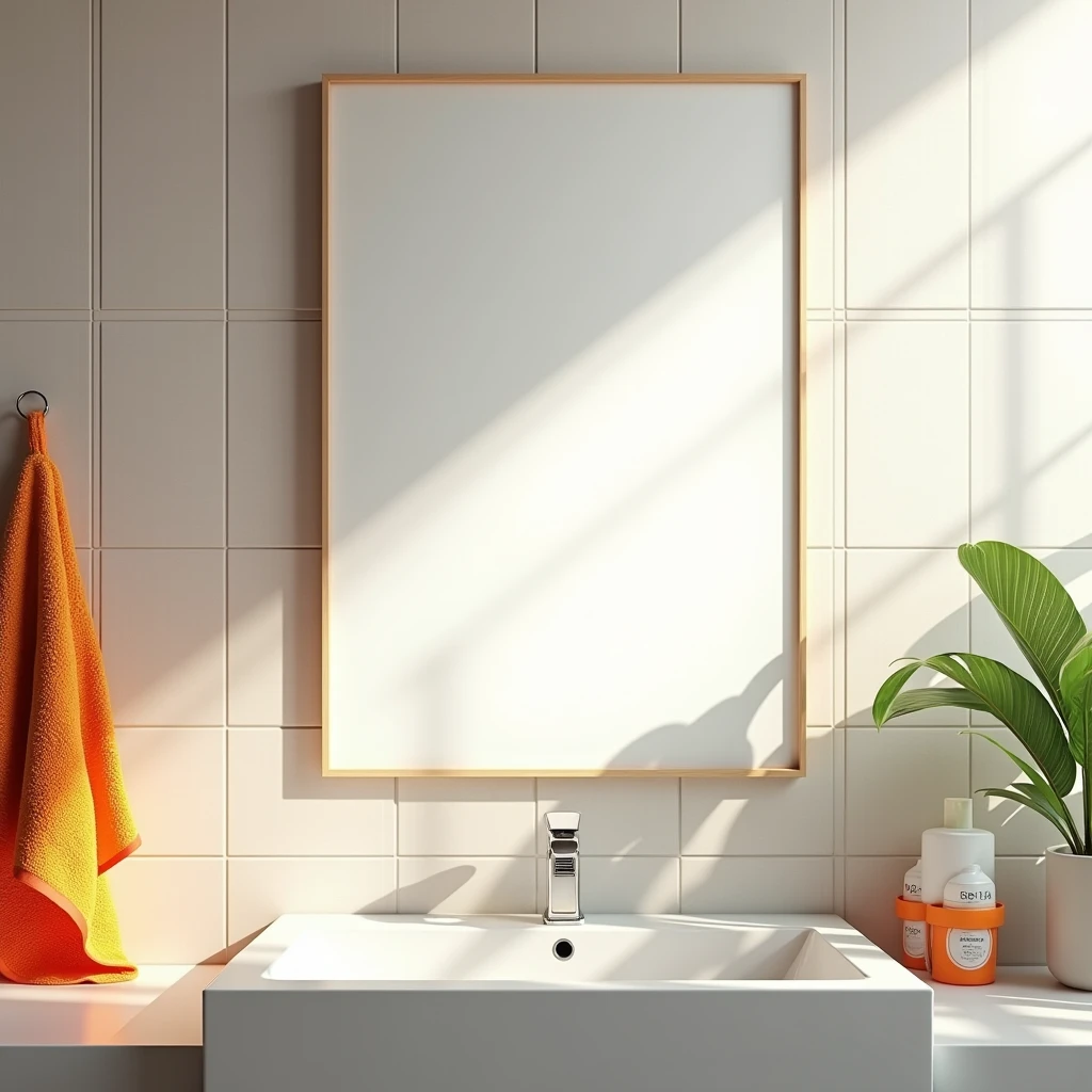 A hyper-realistic HDR bathroom scene with a fresh and vibrant feel. A vertical A4 frame with a blank white canvas is mounted on a clean, tiled wall above a sleek, modern sink. The bathroom features bright, bold accents, such as colorful towels and a lively indoor plant. Sunlight filters in through a frosted window, illuminating the space and casting soft reflections on the blank canvas. The setting is fresh, energetic, and ready for any creative inspiration to come to life in this bright bathroom.
