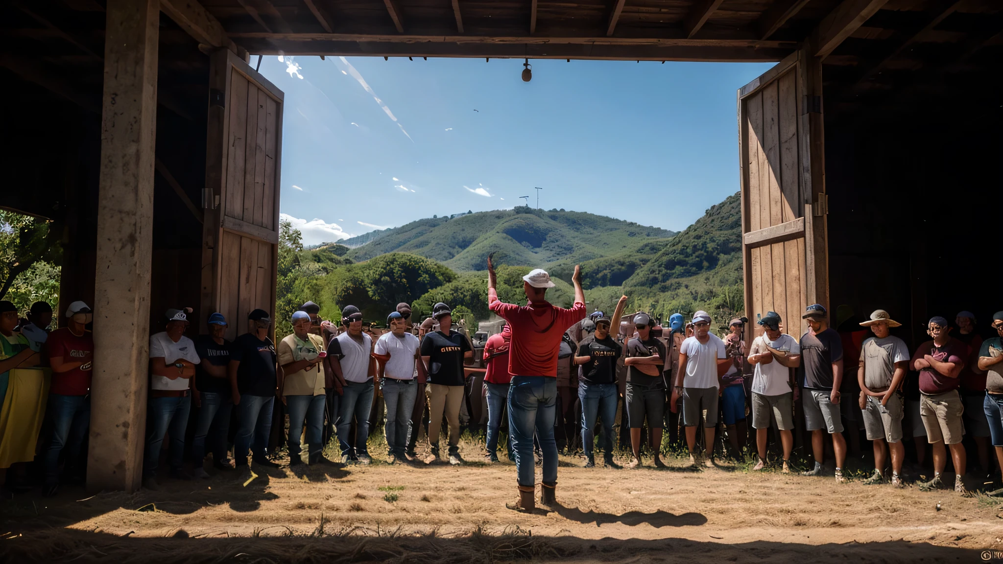 Create an ultra-realistic image depicting the Movimento dos Sem Terra (MST). The scene should take place in a rural setting, with a group of landless workers gathered during a protest or occupation. The workers should be shown holding red flags featuring the MST emblem—a white circle with a green map of Brazil in the center, overlaid with the silhouette of a farmer and a farmer holding tools, and the words 'Movimento dos Trabalhadores Rurais Sem Terra' around the edge. The people in the scene should be diverse in age and gender, dressed in practical, worn clothing, with determined and resilient expressions.
The background should include details like agricultural fields, makeshift shelters or tents, and possibly a simple stage or platform where leaders might speak. There should also be large banners displaying slogans related to land rights and agrarian reform, written in Portuguese. The atmosphere should be one of solidarity, struggle, and hope, with the workers united in their cause. The lighting should be natural, perhaps with the soft light of early morning or late afternoon, enhancing the realism of the scene.