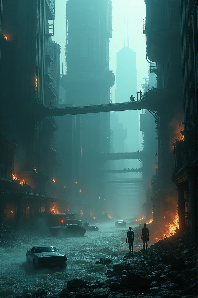City under water destroyed and on fire 