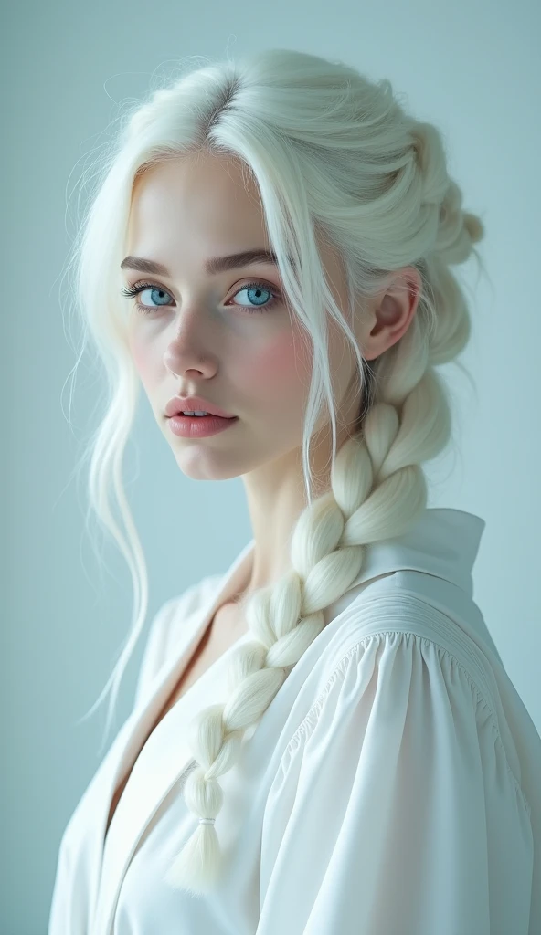 wonderful, masterpiece, white hair, blue eyes, White clothes, Upper Body, hair, Fair skin, Side braid, Highest quality