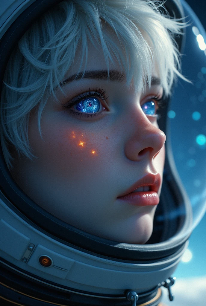 (Close-up of a better masterpiece:1.5)0.9], (Space and astronauts:1.2) (Messy silver hair:1.1) (Heterochromia xanthochromia and blue eyes:1.2) (Space Helmet:1.0) (Colored stars in the eyes:1.0) (A radiant glow:1.1) (thick lips:0.9)